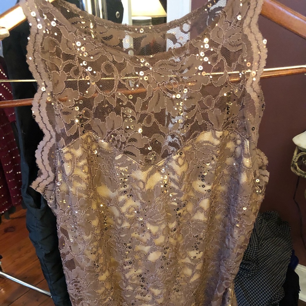 Boston Proper Tan lace and sequin tank